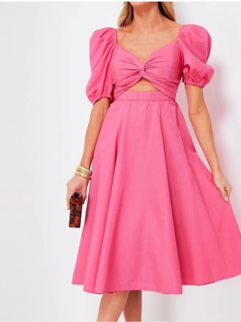 kate spade Hot Pink Puff-Sleeve Midi Dress with Twist Front Cutout